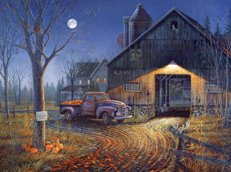 pumpkin truck - moon, farm, autumn, light, painting, pumpkins, fall, harvest, car, artwork, leaves, tree, barn