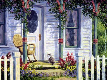 country home - flowers, fence, porch, cat