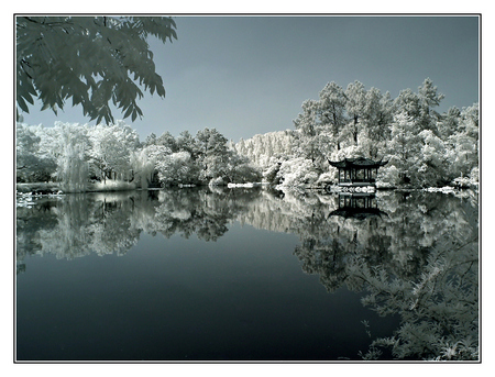 Peaceful Lake - calm, winter, snowy trees, lake, oriental building