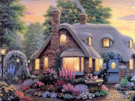 Peaceful cottage - cottage, thatched roof, olden style, flowers, garden