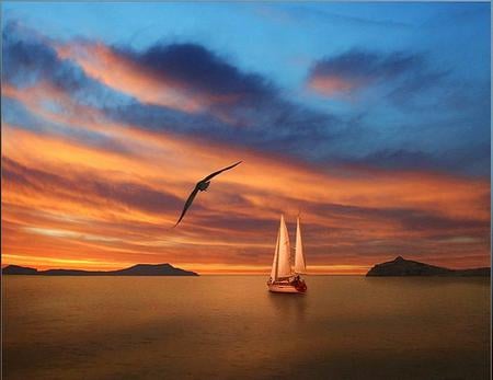 Sails and tranquility - calm, islands, sunset sky, blue, sailing, sailboat, gold