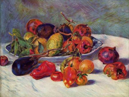 Table with fruits - tablecloth, painting, art, fruits, bowl