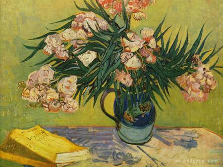 Oleander flowers - table, oleanders, jug, flowers, still life, book