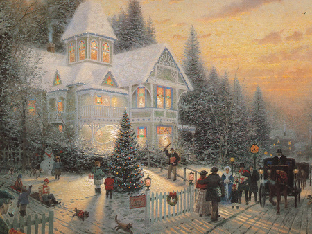 Christmas In City - horses, trees, children, victorian, family