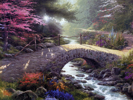 Along The Lighted Path - stream, spring setting, stone bridge, tranquil