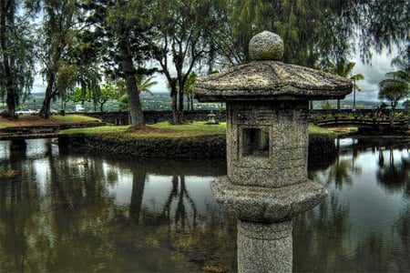 Serene Garden - lawn, trees, cement fixture, japanese style, pond