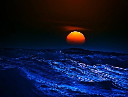 Last rays - reflection, blue water, setting, orange, sun, waves