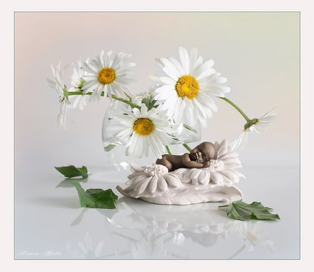 still life - still, margeriten, yellow, flowers, daisies, sleeping, statue, vase, beautiful, photography, live, still life, sweet, flower bouquet, baby, life, black, white