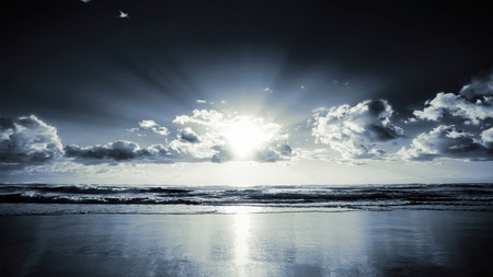 silver sunset - silver, black, water, beach, sun, ocean, sky, clouds, wet, sunset