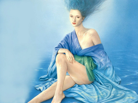 Blue Lady - girl, hair, torquoise, gown, legs, shoulder, painting, art, pale, blue, pastel, green