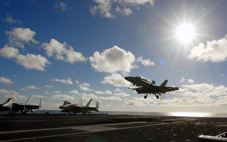 Landing - clouds, aircraft, landing, carrier, sunshine, militatry