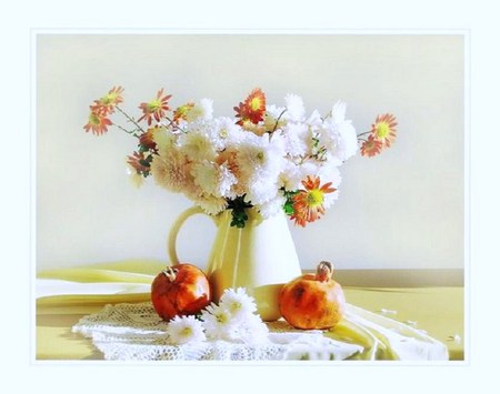 Apples and flowers - still life - white, orange and yellow, lace, table, daisies, apples, container, carnations