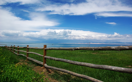 Fence - sky, ocean, boats, coastline, field, rural, clouds, blue, flowers