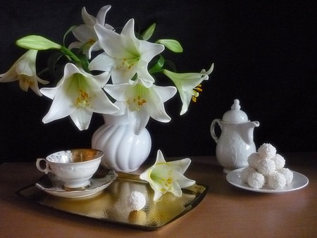 White lillies - sweets, tea, saucer, vase, cup, lillies, lilly, petals, flowers