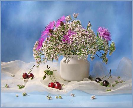 Blossoms - Still life - cherries, pink and white blossoms, white vase, table, lace, blue background