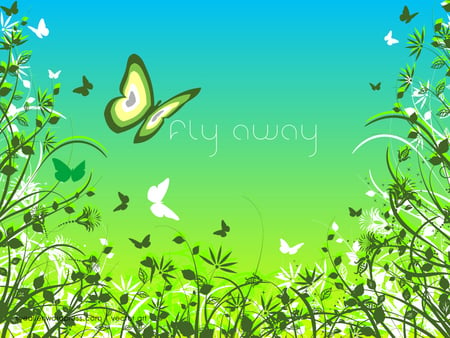 Fly Away - wings, white, butterfly, yellow, floral, blue, green, flowers, butterflies