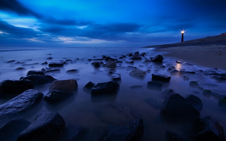 Rocks n Lighthouse - calm, clouds, nature, lighthouse, beach, sea, night, rocks