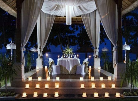 Moment to remember - luxury, table for two, lanterns, evening, drapery, romance, stairs, canopy, candles