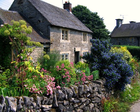 Country House - trees, red, stones, house, flowers, pink flowers