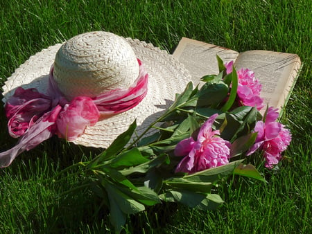 still life - flower bouquet, book, pretty, pink, flowers, picnic, relax, rest, still life, grass, hat, photography, peony, green