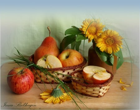 still life - beauty, pear, photography, still life, vase, flower bouquet, yellow, flowers, apple, harmony