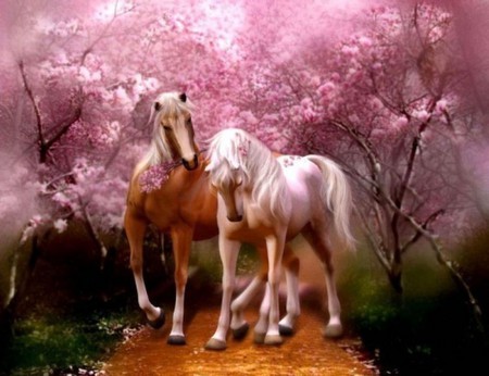 Blooming Love - trail, nature, pink, horses