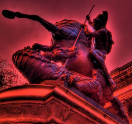 saint with dragon - monument, abstract, cg, red