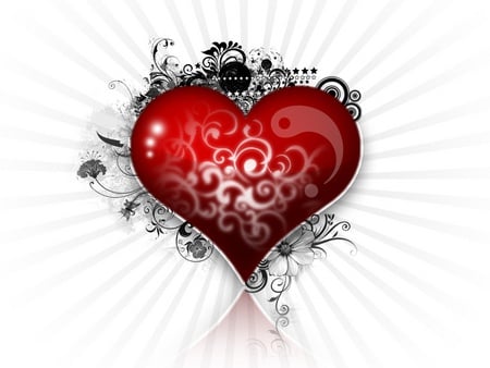 Fancy Heart In 3D - white, love, swirls, red, heart, fancy, black