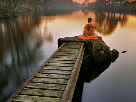 Thoughts - lake, lady, peaceful, water, thinking