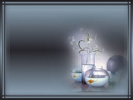 Glassy - vases, absract, water, fish, flowers