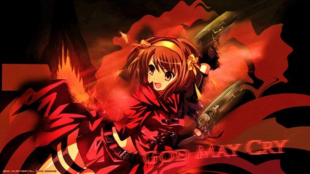 God May Cry - anime, the melancholy of suzumiya haruhi, guns, haruhi