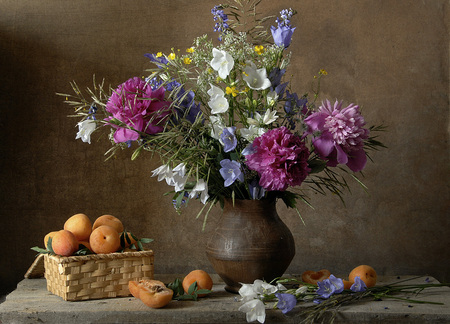 still life - vase, photography, beauty, flower, still life, bouquet, harmony, flowers, apricot, peony, fruit, color