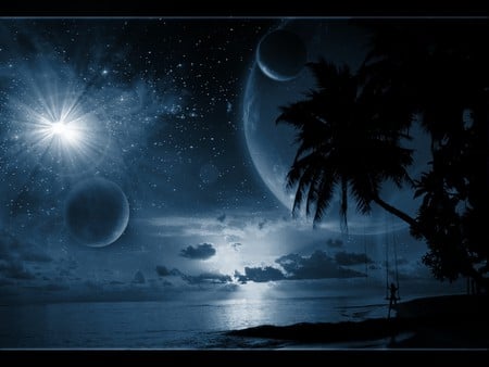 Nightlights - palms, universe, beach, night, ocean, stars