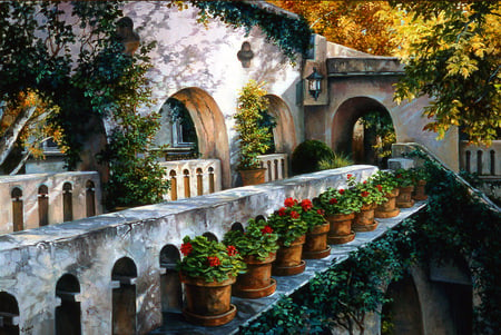 Beautiful Walkway - flowers, villa, painting, plants, balcony