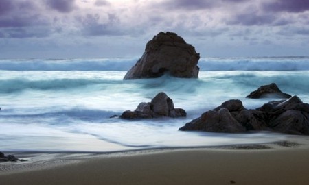 Big Surf - sky, sand, surf, rocks