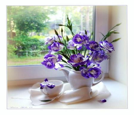 Pretty purple and white - still life - greenery, cup, vase, white, purple, window, table, sunny, flowers