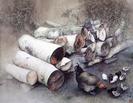 Mrs Hen And Her Chicks - hen, logs, birch, feeding, chicks, protection