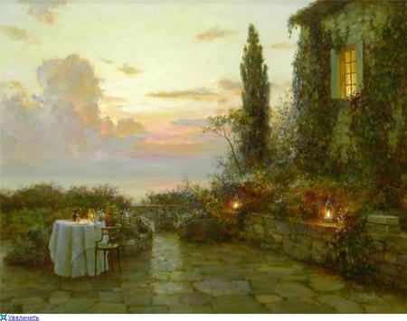 Courtyard - settings, view, table, sunset, house, breathetaking