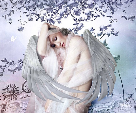 Beautiful angel - woman, butterlies, feathers, angel, wings, leaves, lilac