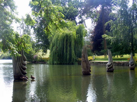 Sculptures in the lake - ducks, lake, water, sculpture, trees