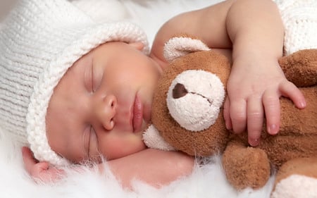 Sweet dreams - dreams, fur, hat, people, angel, teddybear, toy, white, baby, cute, bear, dream, lovely, sleep, beautiful, sweet, teddy bear, teddy