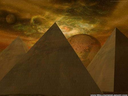 Alien Pyramids - pyramids, golden sky, planet, building