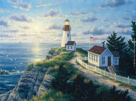 Beacon Of Hope - lighthouse, dawn, cliff, house, sea