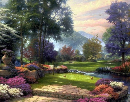 A Peaceful Place - flowers, river, trees, peacful, park