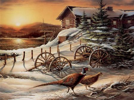 The Pheasants - birds, sunset, cabin, wagon, winterwheels