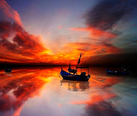 Glorious canopy - reflections, clouds, boats, sunset, orange and gold, lake, gold, orange