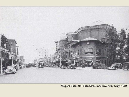 Niagara Falls, NY: Falls Street and Riverway (July, 1934) - downtown, architecture, niagara falls, history