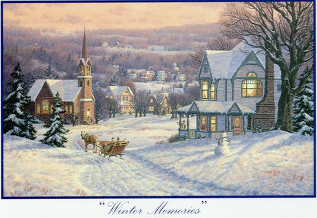 Winter Memories - village, homey, houses, church, horse, buggy