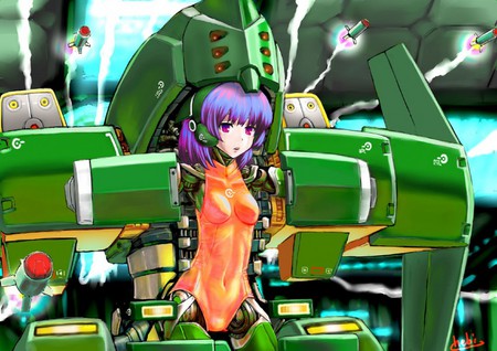 Green Monster - purple, girl, orangesuit, anime, robot, manga