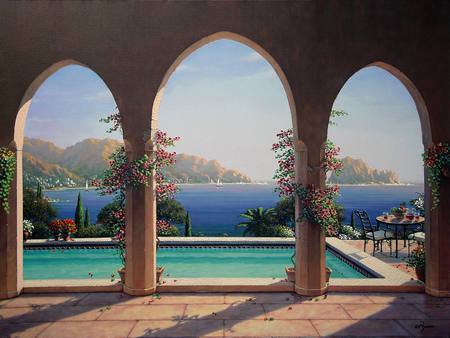 The  View - bouganvillea, tropical, pool, arch, sea, tile